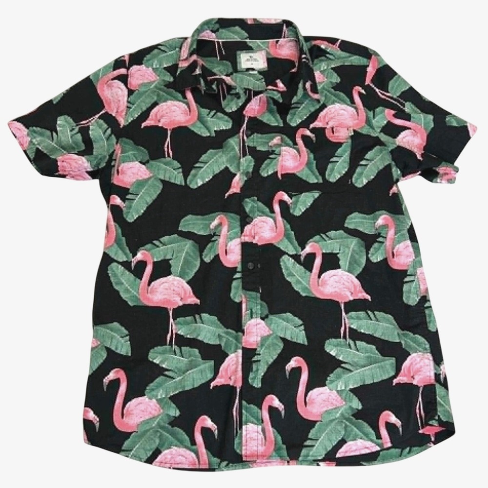 Rip Curl Men XL Flamingo Palm Leaf Tropical Print Short Sleeve Button Down Shirt